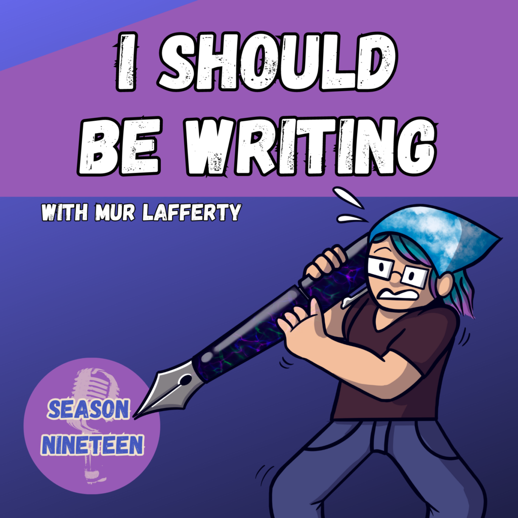 July illustrated logo for I Should Be Writing, blue and purple with a drawing of tiny Mur
