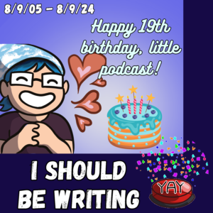 ISBW birthday logo with happy Mur illustration and cake. 