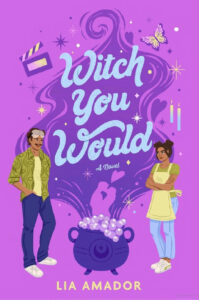 Purple illustrated book cover for Witch You Would, two people standing opposite with a cauldron in between them