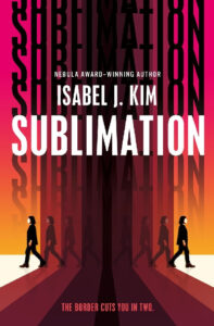 Red an black Sublimation cover, two people walk away from each other with mirror effect